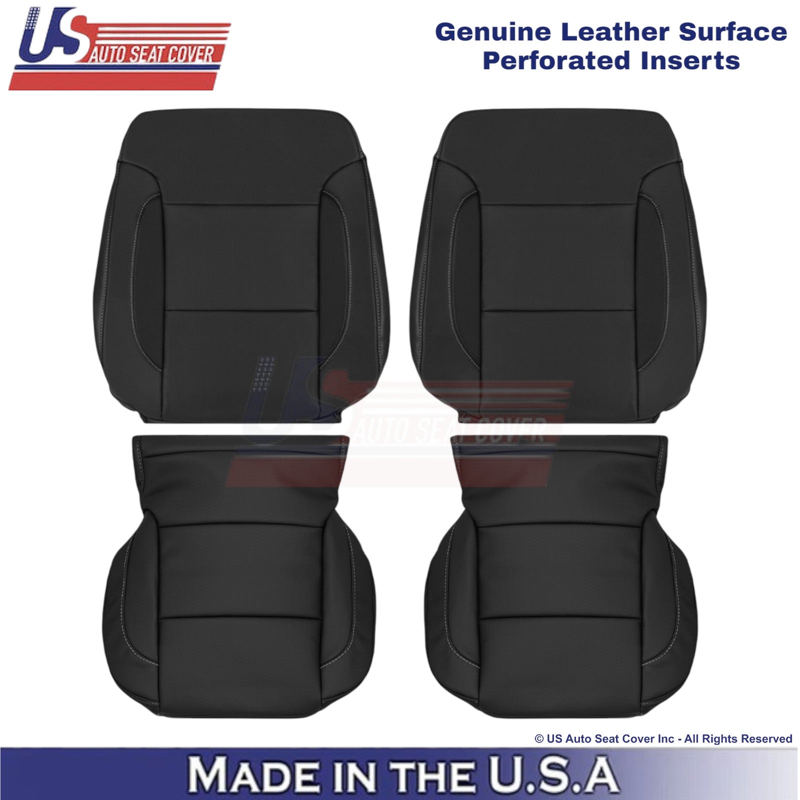 2015-2020 Fits Chevy Tahoe Genuine Leather w Perf. Front Seat Covers Jet Black