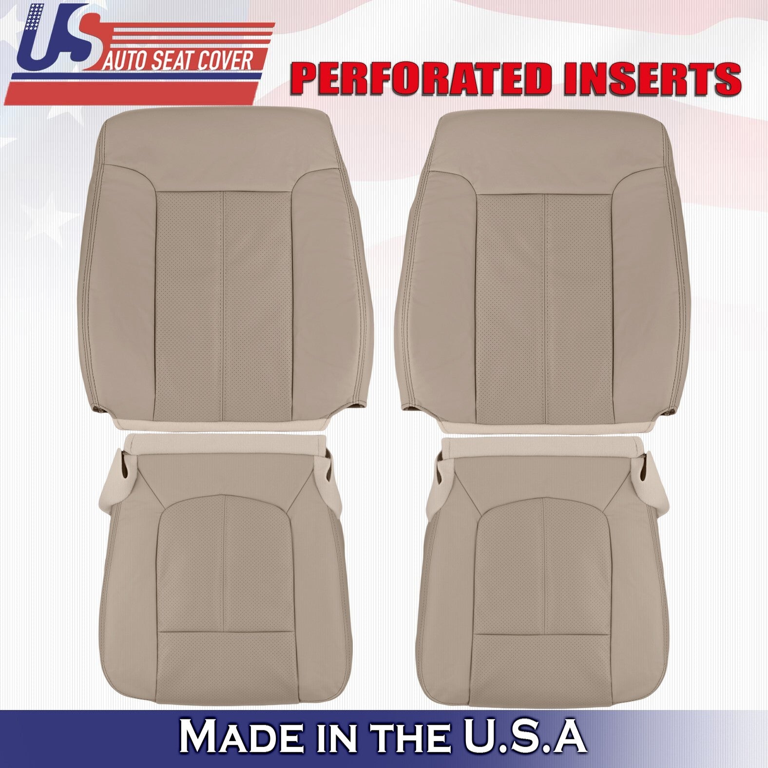 2011 to 2016 Fits Ford F250 Lariat Front Set Tops & Bottoms Leather Covers Tan
