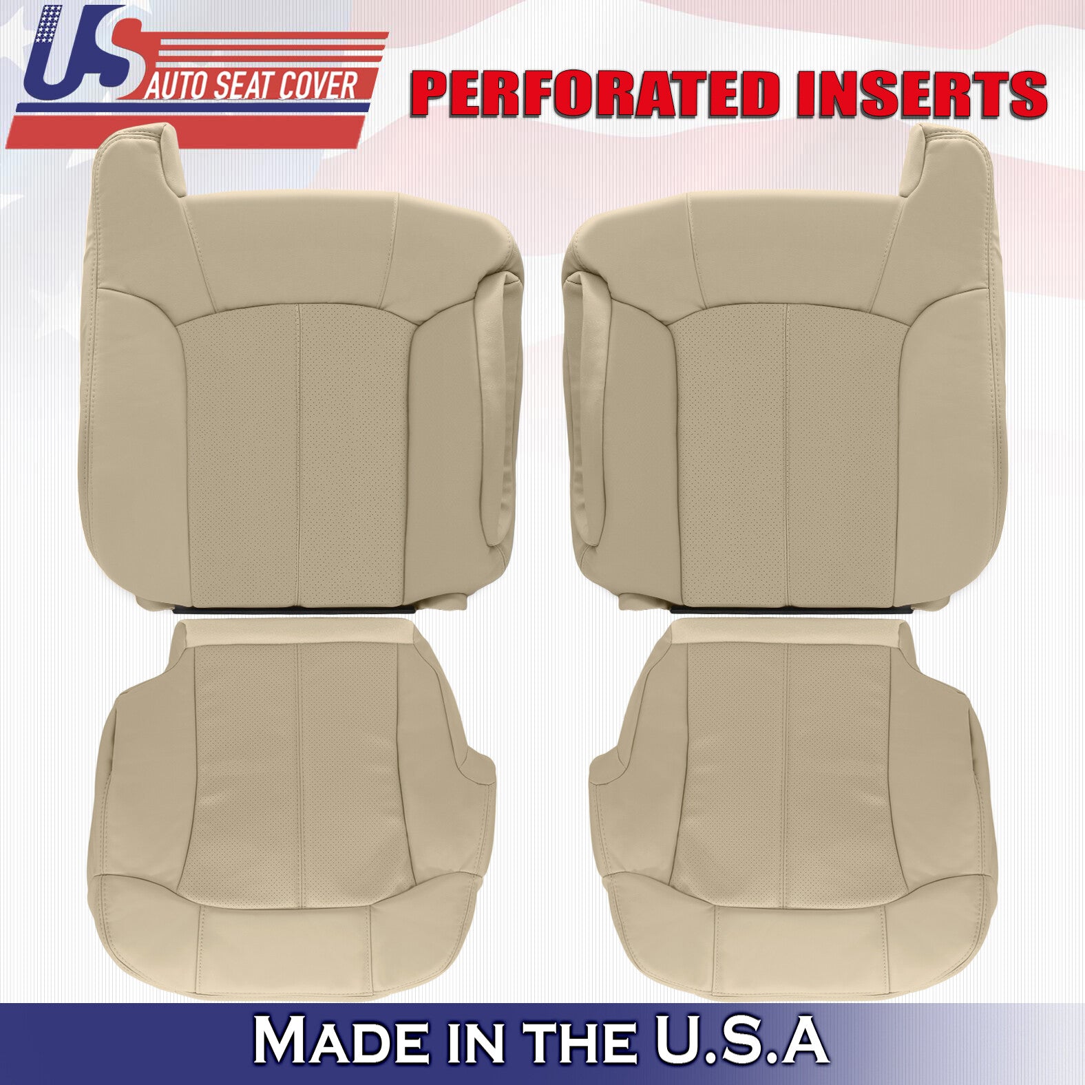 2002 For Cadillac Escalade 2 Top & 2 Bottom Perforated Leather Seat Covers Tan