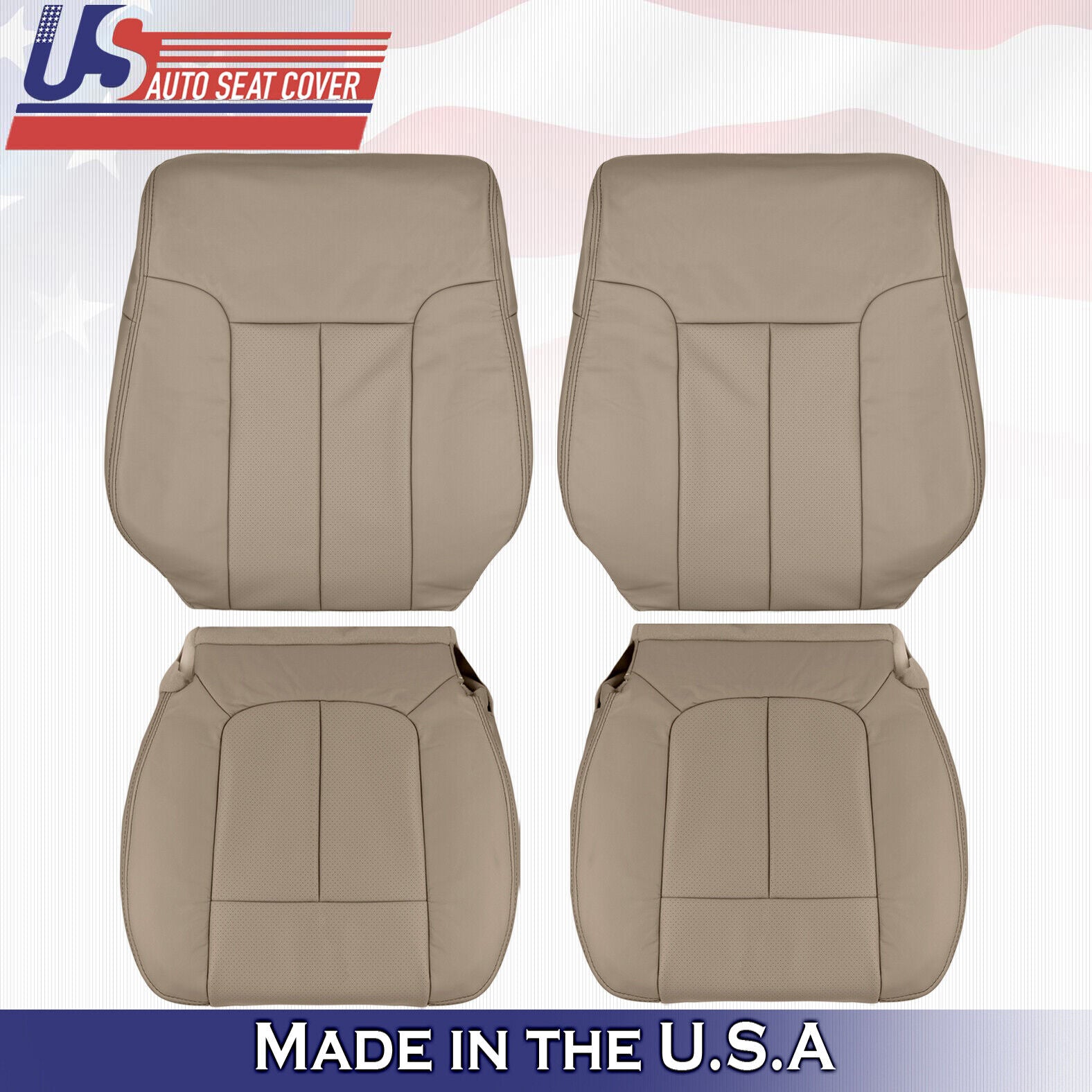 2013 2014 For Ford F150 2x Top & 2x Bottom Perforated Leather Seat Covers Tan
