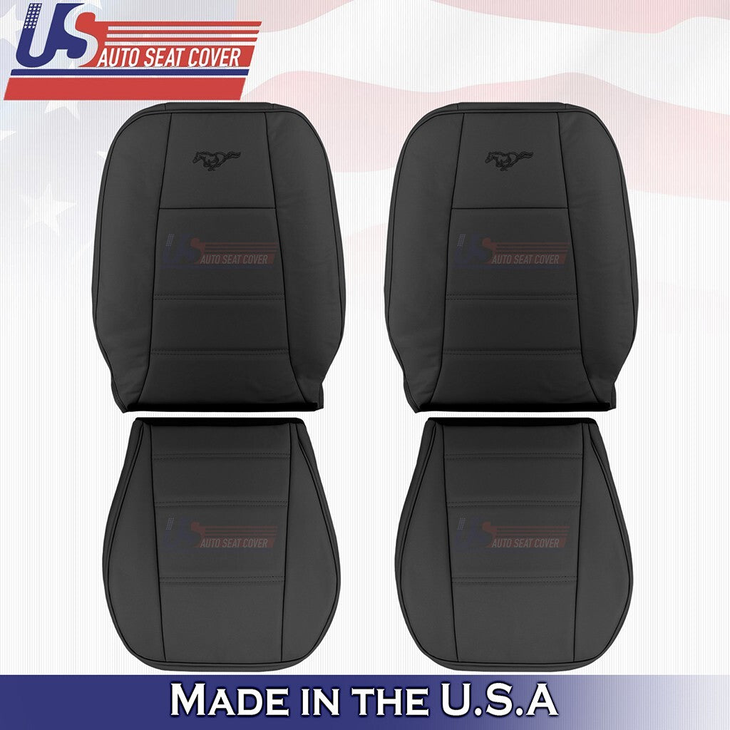 1999 to 2004 Fits Ford Mustang V6 Front Set Bottom & Top Leather Seat Covers BLK